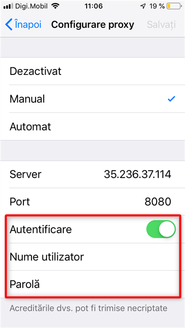 Setările de Autentificare pentru serverul proxy, în iOS