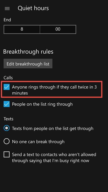 Windows 10 Mobile, Lumia, Quiet hours, Perioada de liniste