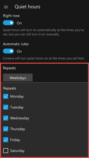 Windows 10 Mobile, Lumia, Quiet hours, Perioada de liniste
