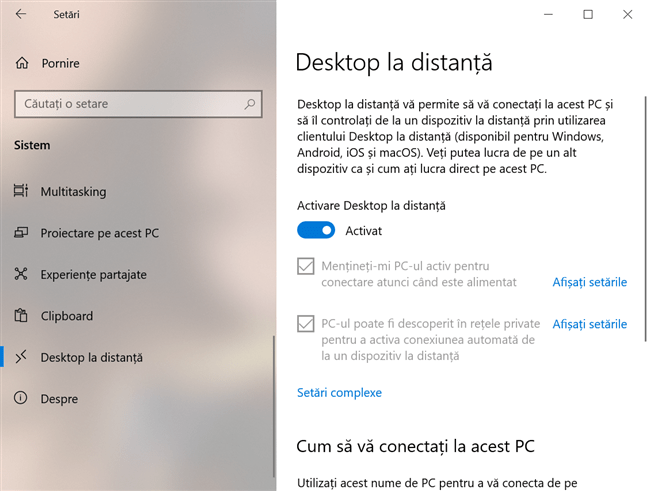 Activează Desktop la distanță