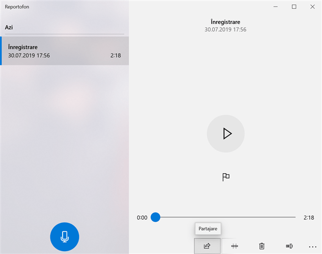 Butonul Partajare te lasă sa partajezi înregistrarea