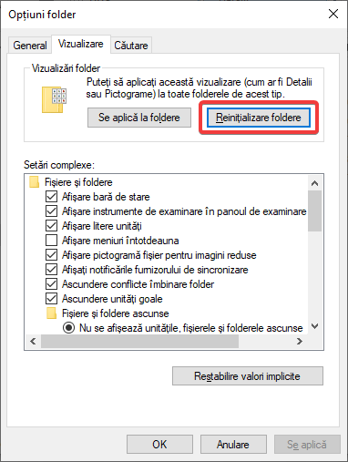 Resetează schimbările de vizualizare de foldere pentru toate folderele care folosesc același șablon