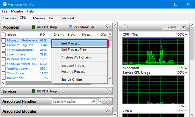 End Process (oprește proces) în Resource Monitor