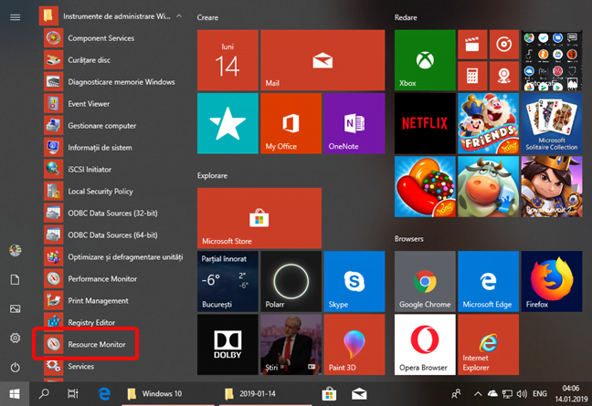 Resource Monitor în Meniul Start din Windows 10