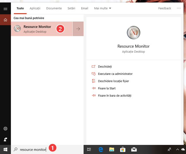 Caută Resource Monitor în Windows 10