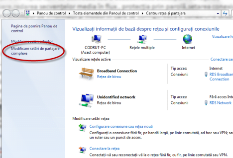 Particularizare setari de retea si partajare Windows 7