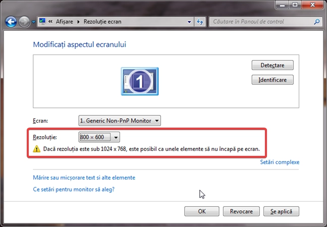 Avertizarea de rezoluție mică în Windows 7