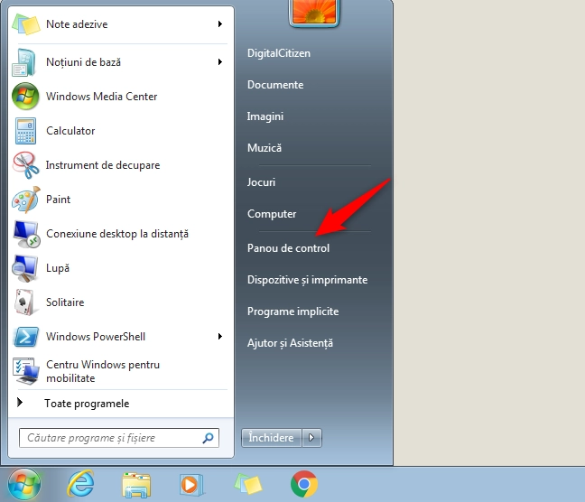 Butonul Panoului de control din Meniul Start din Windows 7