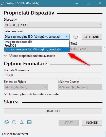 Alegerea de a folosi un disc sau o imagine ISO pentru a crea unitatea USB