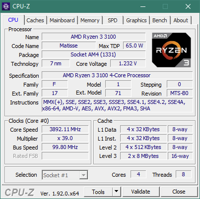 Detalii CPU-Z despre AMD Ryzen 3 3100