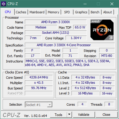 Detalii din CPU-Z despre AMD Ryzen 3 3300X