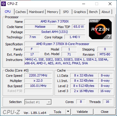 Detalii CPU-Z despre AMD Ryzen 7 3700X