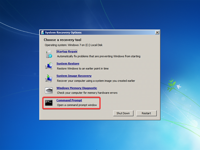 Opțiuni de recuperare sistem oferite de un disc de recuperare pentru Windows 7