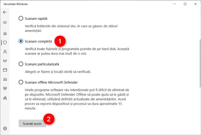 Toate opțiunile de scanare oferite de antivirusul implicit, în Securitate Windows