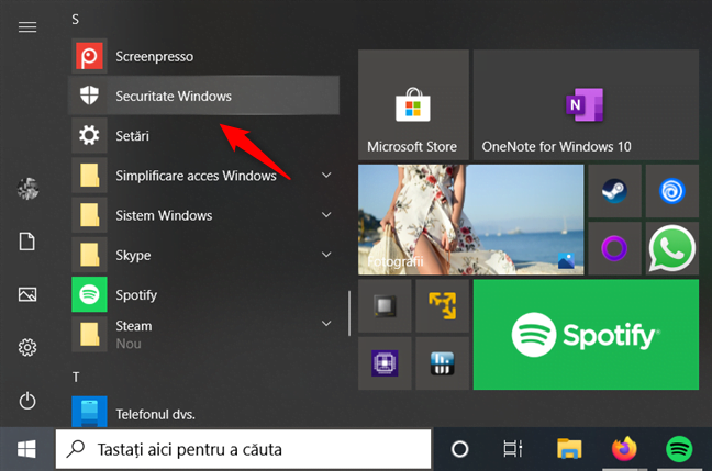 Scurtătura Securitate Windows din Meniul Start