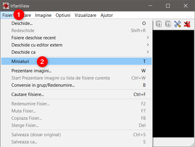 Intrarea Miniaturi din meniul Fișier al IrfanView