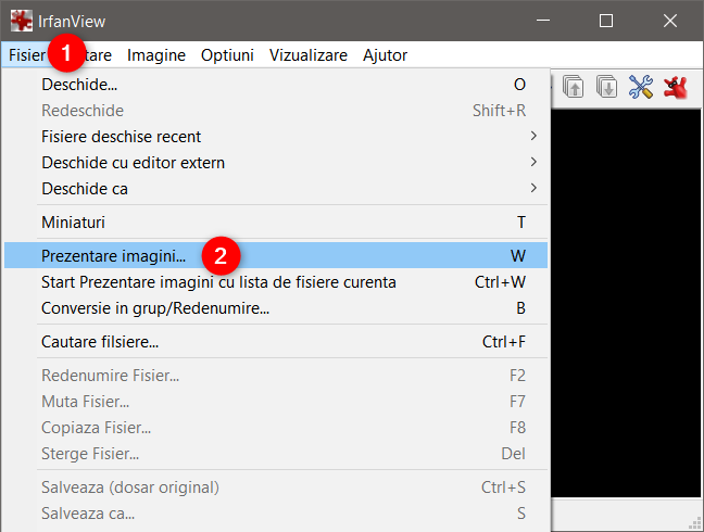 Intrarea Prezentare imagini (Slideshow) din meniul Fișier (File) al IrfanView