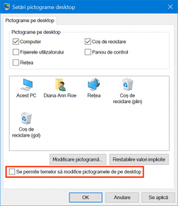 Asigură-te că opțiunea nu e bifată pentru a evita schimbarea pictogramelor