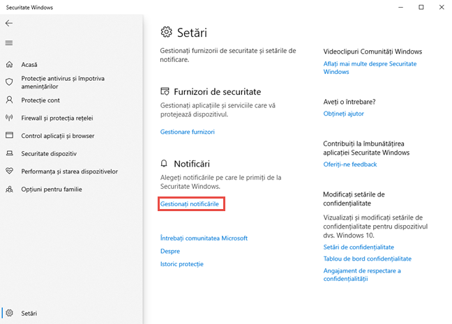 Gestionați notificările în Securitate Windows
