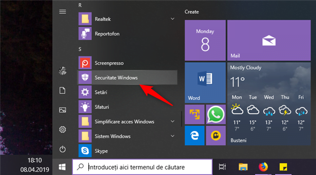 Deschiderea aplicației Securitate Windows din Meniul Start din Windows 10