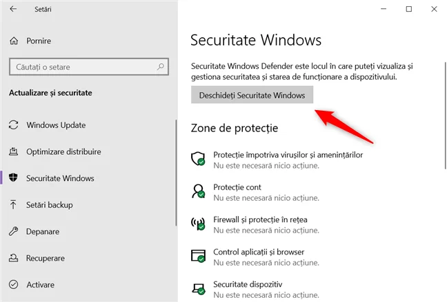 Deschiderea aplicației Securitate Windows din aplicația Setări Windows 10