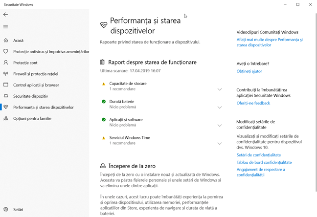 Windows 10 - Performanța și starea dispozitivelor