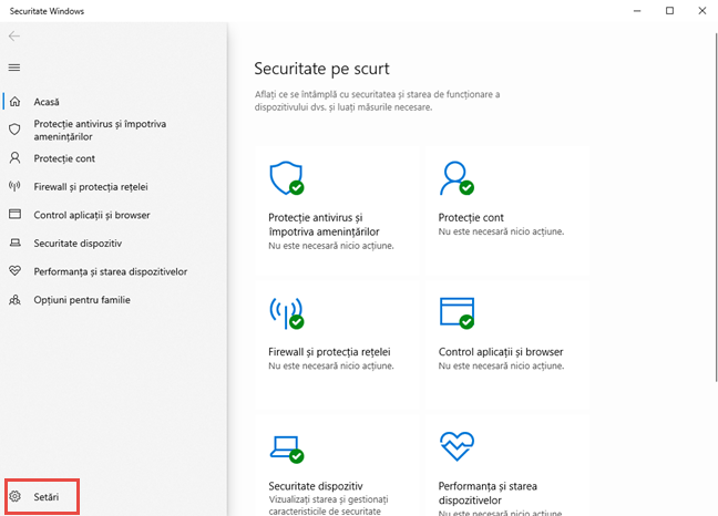 Securitate Windows - apasă pe Setări