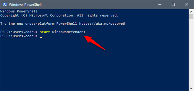 Deschiderea aplicației Securitate Windows din PowerShell