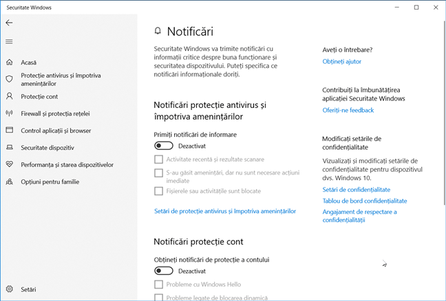 Dezactivarea notificărilor Securitate Windows
