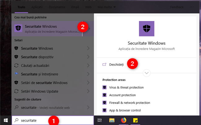 Căutarea aplicației Securitate Windows din Windows 10