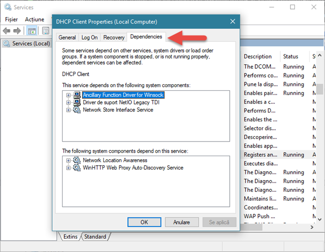Windows, servicii, dependente