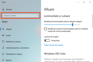 Opțiunea de căutare este disponibilă în fiecare categorie din Setări