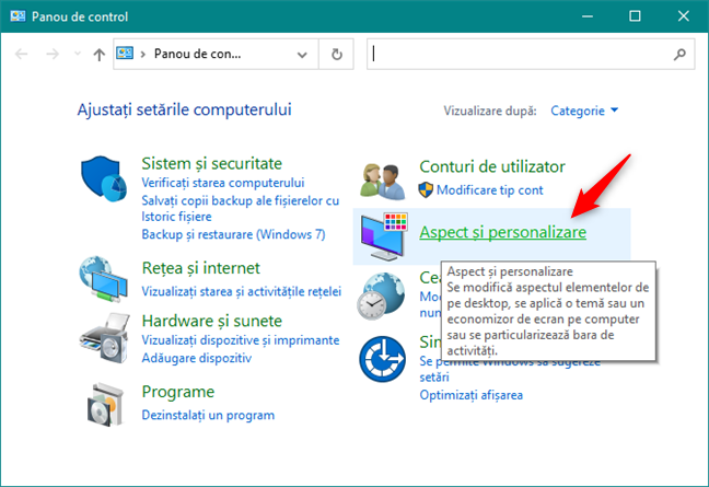 Aspect și personalizare în Panoul de control