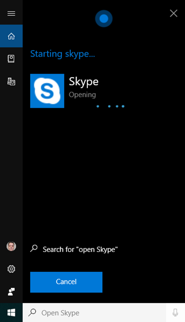 Cortana deschizând aplicația Skype
