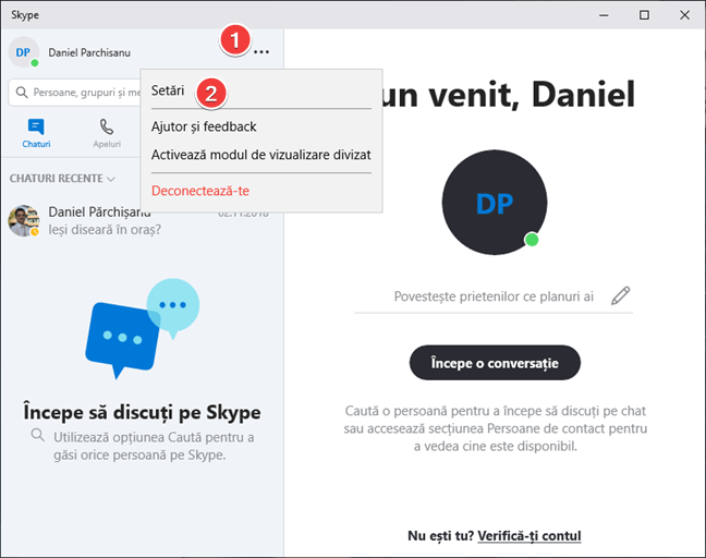 Deschide setările din Skype în Windows 10