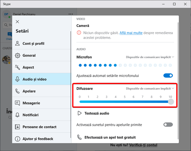 Setările pentru difuzoare în Skype