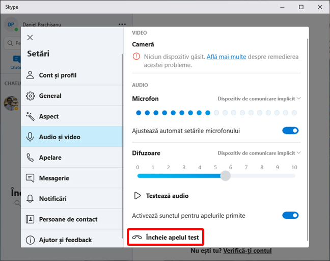 Încheie apelul simulat în Skype pentru Windows 10