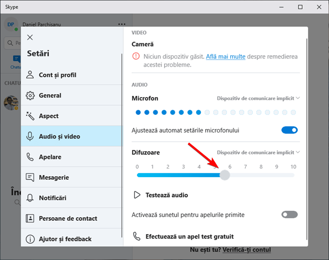 Setează nivelul de volum pentru difuzoare în Skype