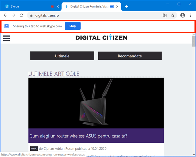 Bannerul pentru fila Chrome pe care o transmiți