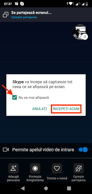 Alege să lași Skype să captureze ecranul în Android