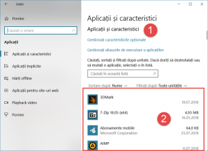 Secțiunea Aplicații și caracteristici