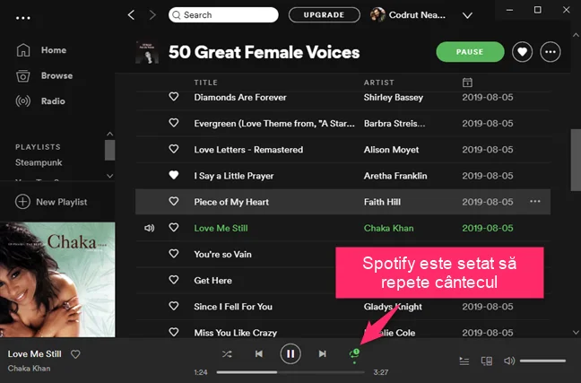 Spotify este setat să repete cântecul curent