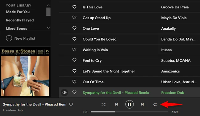 Butonul Repeat (Repetare) din Spotify pentru Windows