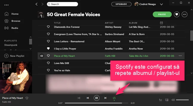 Spotify este configurat să repete albumul sau playlist-ul curent