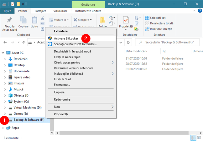 Opțiunea Activare BitLocker din meniul clic dreapta al unei unități de stocare în Windows 10