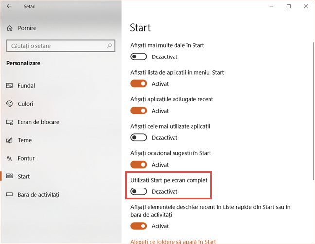 Setările Meniului Start din Windows 10