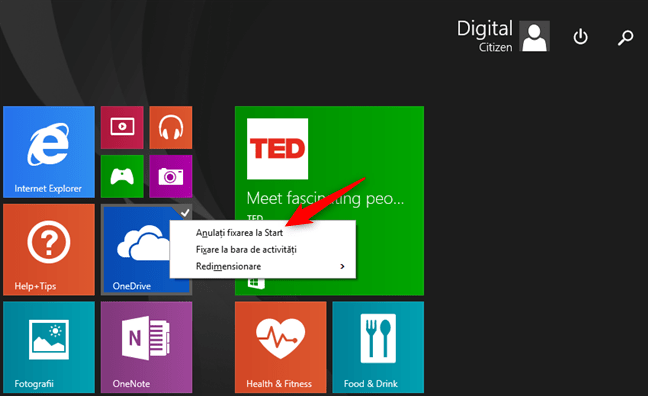 Anulați fixarea la Start pentru OneDrive, în Windows 8.1