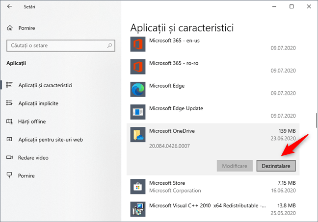 Opțiunea de Dezinstalare a aplicației Microsoft OneDrive