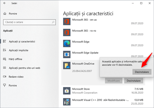 Confirmă faptul că vrei să dezinstalezi OneDrive din Windows 10