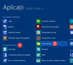 Scurtătura pentur Note adezive din lista de aplicații din Windows 8.1